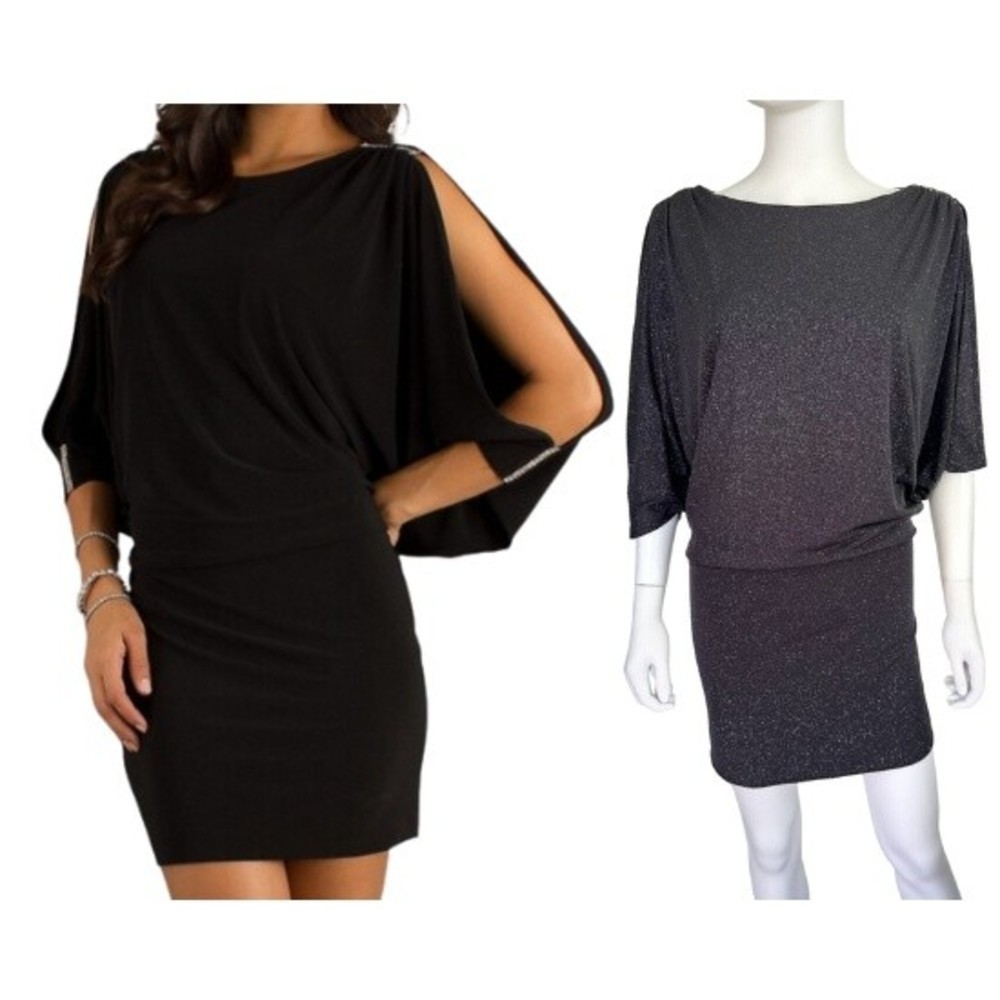 Betsy & Adam Cocktail Dress Size 10 Modest Cut 3/4 Sleeves Boat Neck Rhinestones